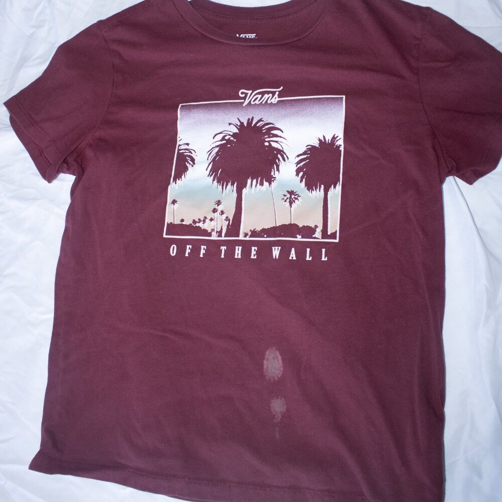 Maroon Vans tee with a small Bleach Stain On The Front As Pictured